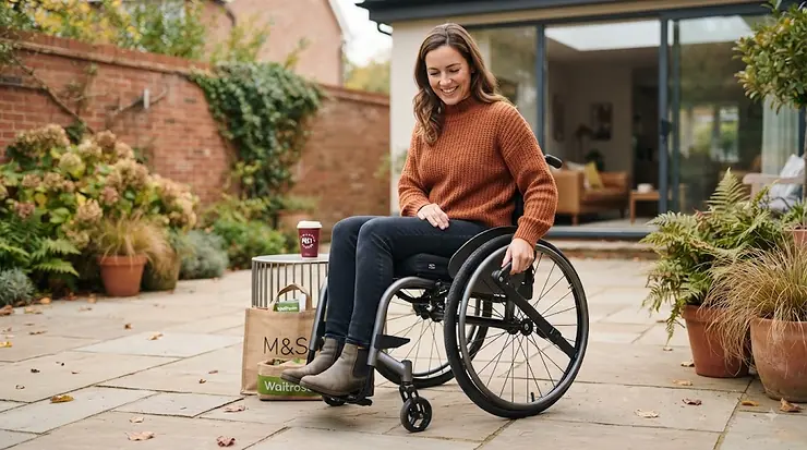 A smiling British woman in her late 30s, wearing practical clothing, sits in a lightweight manual wheelchair on a flagstone patio in an English garden. She is independently operating the extended-handle wheel lock on the rear wheel with her right hand. The scene includes an M&S shopping bag and a Pret a Manger coffee cup, with soft, diffused daylight. wheelchair wheel lock for one-handed use
