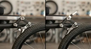 Detailed view of a low-profile scissor lock on an active-user lightweight wheelchair, shown in both locked and unlocked positions.