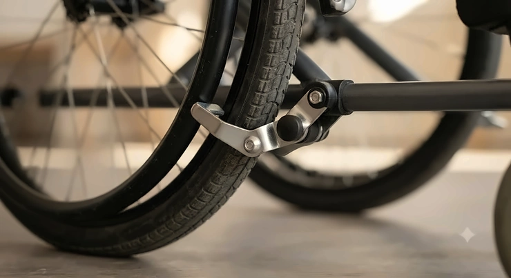 Close-up of a standard push-to-lock wheelchair wheel lock engaged on a manual chair, showing the lever and tyre contact point.