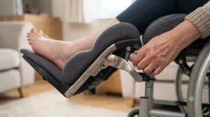Hands adjusting the angle of an ergonomic wheelchair footrest to reduce pressure and fluid build-up in the feet.