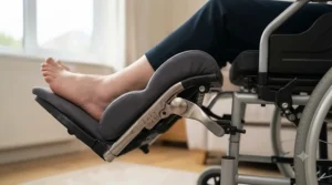 Close-up of a mechanism on a wheelchair footrest showing height and angle adjustment for swelling reduction.