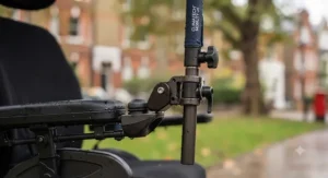 Close-up of an adjustable mounting bracket securing a hands-free wheelchair umbrella to the frame.
