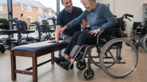 Physical therapist adjusting the length and elevation angle on a wheelchair leg rest.