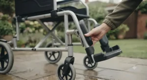 Caregiver adjusting the footplate height on removable footrests to ensure optimal leg support.