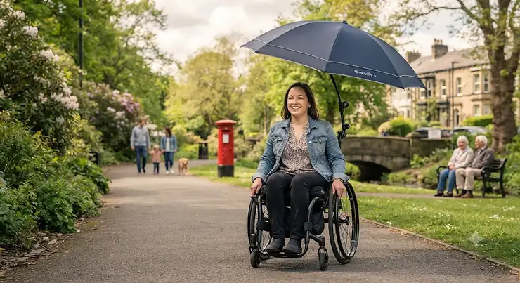 A durable clip-on umbrella attached to a wheelchair, providing waterproof sun and rain protection for a user outdoors in the UK. clip-on umbrella for wheelchair