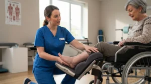Occupational therapist demonstrating wheelchair footrest adjustments for a patient managing lower limb fluid retention.