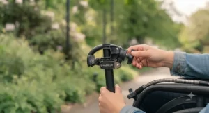 Hands easily tightening the screw mechanism of a wheelchair umbrella mount.