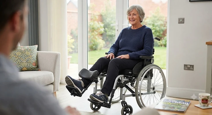 Modern wheelchair equipped with elevating footrests to provide comfortable leg elevation and support mobility in the home. elevating footrests for wheelchair