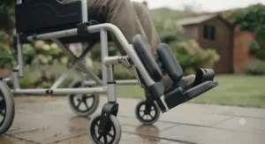 Elevating removable footrests attached to a transport wheelchair, offering extended leg support for recovery.