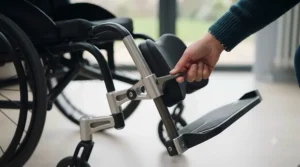 Side profile of an elevating leg rest fitted to a wheelchair, showing the padded calf support and the footplate angled upwards to support the lower leg.