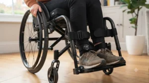 Close-up of an ergonomic wheelchair footrest providing correct ankle and leg alignment.