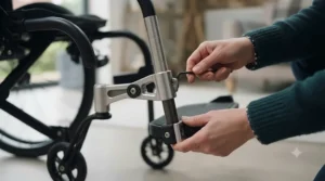 A close-up of hands using an Allen key to tighten a bolt during the installation or adjustment of a wheelchair footplate assembly onto the frame.