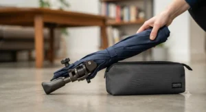 A compact, foldable hands-free wheelchair umbrella packed neatly into a portable travel pouch.
