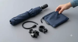A compact, folded clip-on umbrella next to a wheelchair storage bag, ready for travel.