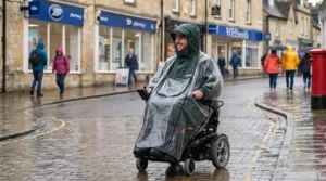 A full-body waterproof wheelchair rain cover completely shielding a user from heavy rain and wind outdoors.