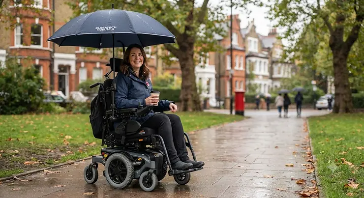 Person staying dry using a hands-free wheelchair umbrella during a drizzly day outdoors in the UK. hands-free wheelchair umbrella
