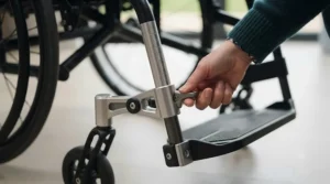 Close-up of a precision-engineered height-adjustable footplate mechanism on a wheelchair frame, showing the vertical support with laser-etched height markings and a user's hand adjusting the clamp.