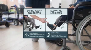 Close-up of a wheelchair featuring swing-away footrests swung out to the side for easy transfers.