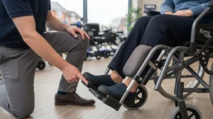 Wheelchair with compact swing-away footrests navigating through a narrow indoor doorway.