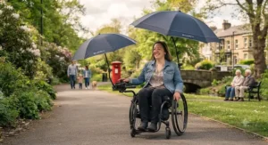 A smiling wheelchair user navigating a park path comfortably under a fitted clip-on umbrella.