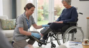 Occupational therapist assessing mobility equipment and fitting elevating footrests for a wheelchair user.