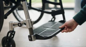 A sturdy one-piece platform footplate for a wheelchair, made of textured, non-slip composite material, providing full foot support.
