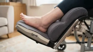 Soft, pressure-relieving padded cushion designed for wheelchair footrests to protect sensitive oedematous skin.