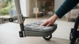 A soft, quilted grey padded cover fitted snugly over a standard wheelchair footplate, demonstrating extra comfort and pressure relief.