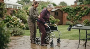 Patient safely transferring out of a transport wheelchair after swinging away the removable footrests.