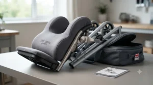 Lightweight, detachable wheelchair footrests packed for travel to maintain leg elevation on the go.