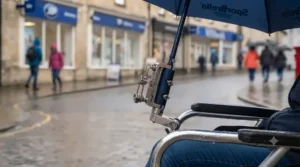 Close-up of a sturdy universal clamp attaching a wheelchair umbrella to the frame of a mobility aid.