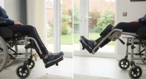 Comparison diagram showing the difference between standard fixed footplates and elevating footrests for wheelchairs.