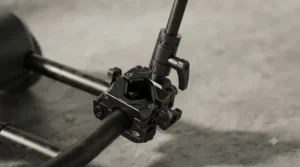 Close-up of a universal clamp securely attaching a wind-resistant umbrella shaft to a mobility scooter frame.