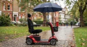 A versatile hands-free wheelchair umbrella attached securely to an electric mobility scooter.