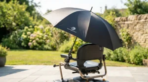 A UPF-rated weather-resistant wheelchair umbrella providing shade on a bright summer afternoon.