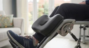 Ergonomic calf support cushion fitted to wheelchair elevating footrests for enhanced daily comfort.