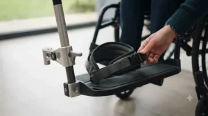 A wheelchair footplate equipped with an adjustable nylon heel loop and strap, securing a user’s foot in place.