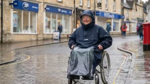 A wheelchair user wearing a waterproof rain cape with sleeves, maintaining easy access to handrims and controls.