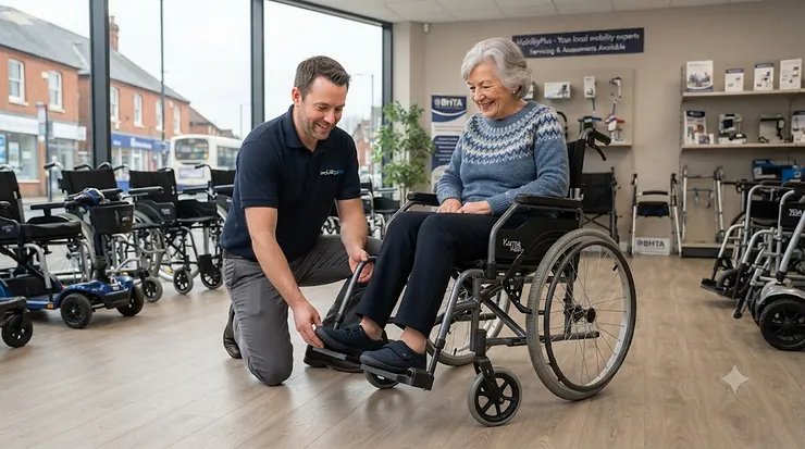 User demonstrating a lateral wheelchair transfer made simpler by removing or swinging away the front footrests. swing-away vs elevating footrests