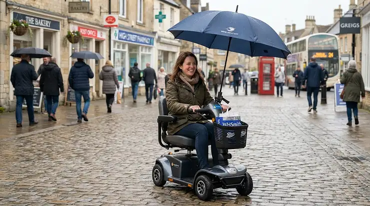 A sturdy wind-resistant wheelchair umbrella mounted securely to a mobility chair on a breezy British high street. wheelchair umbrella for wind resistance