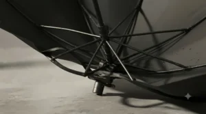 A reinforced fibreglass rib structure showing how the umbrella flexes during stormy British weather without breaking.