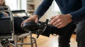 Close-up view of amputee wheelchair leg supports showing secure locking mechanisms and padding.