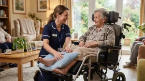 Amputee wheelchair leg supports providing enhanced pressure relief in a residential care home environment.