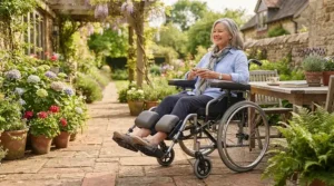 Amputee wheelchair leg supports designed for weather-resistant outdoor relaxation on a garden patio.