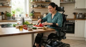 Amputee wheelchair leg supports providing stability for independent meal preparation in a modern kitchen.