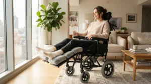 Amputee wheelchair leg supports fitted to a chair in a bright living room, showing daily comfort and ease of use.