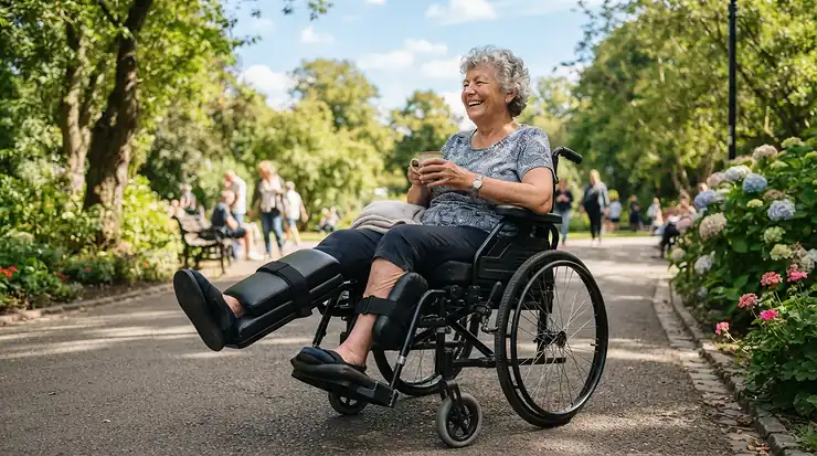 Amputee wheelchair leg supports offering secure positioning during an outdoor walk in a public park.