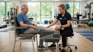 Amputee wheelchair leg supports used during a physiotherapy session in a UK rehabilitation centre.