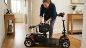 A user removing a detachable battery pack from a boot scooter for people with limited upper body strength.