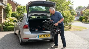 A boot scooter for people with limited upper body strength being easily loaded into a car boot by a user with weak arms.